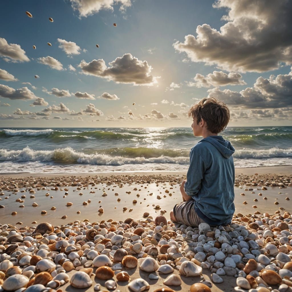 Sad Child Contemplates Sky on Shell-Strewn Beach