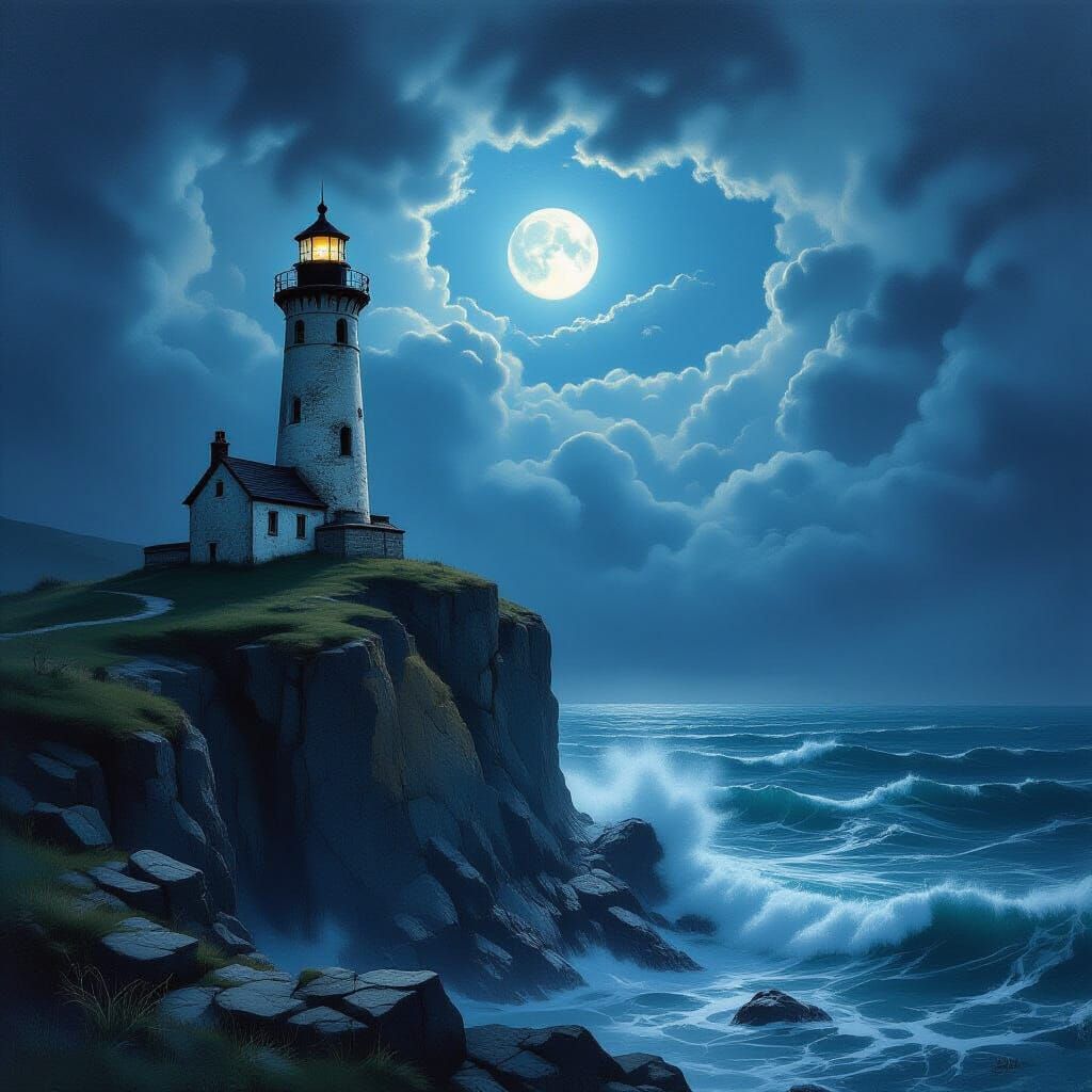 A lone, weathered lighthouse standing sentinel on a jagged, storm-tossed cliff face. The sky above is a tumultuous canvas of dark, swirling ...