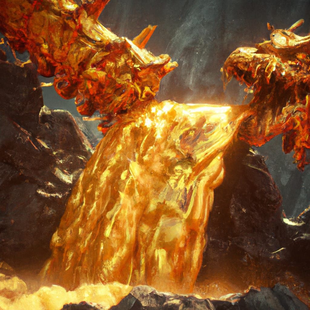 Liquid gold waterfall pouring on red dragon 8k resolution co...