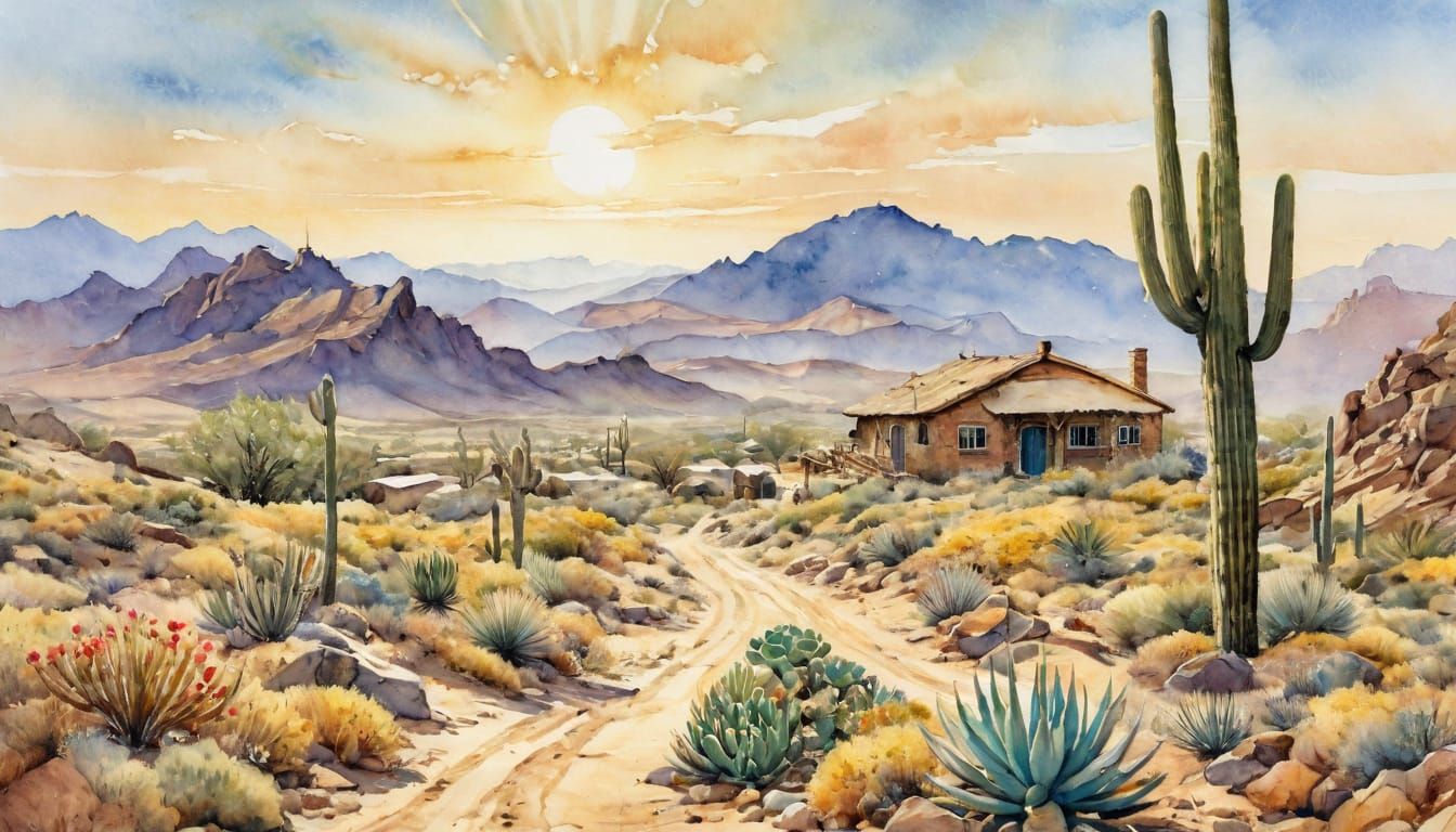 Desert Adobe House in Whimsical Watercolor Style