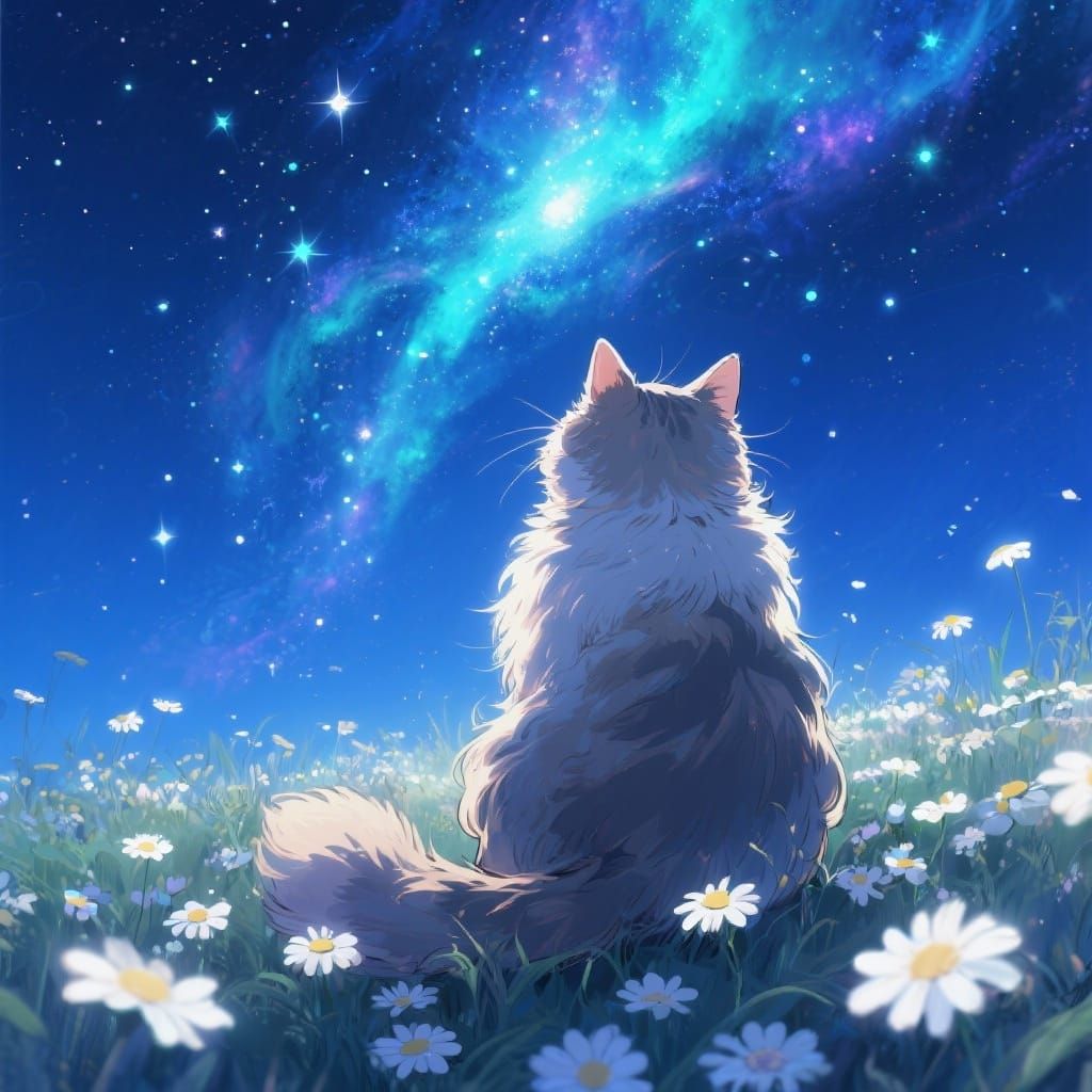 A whimsical digital painting of a fluffy, long-haired cat seen from behind, sitting serenely in a field of luminous white daisies. The cat g...