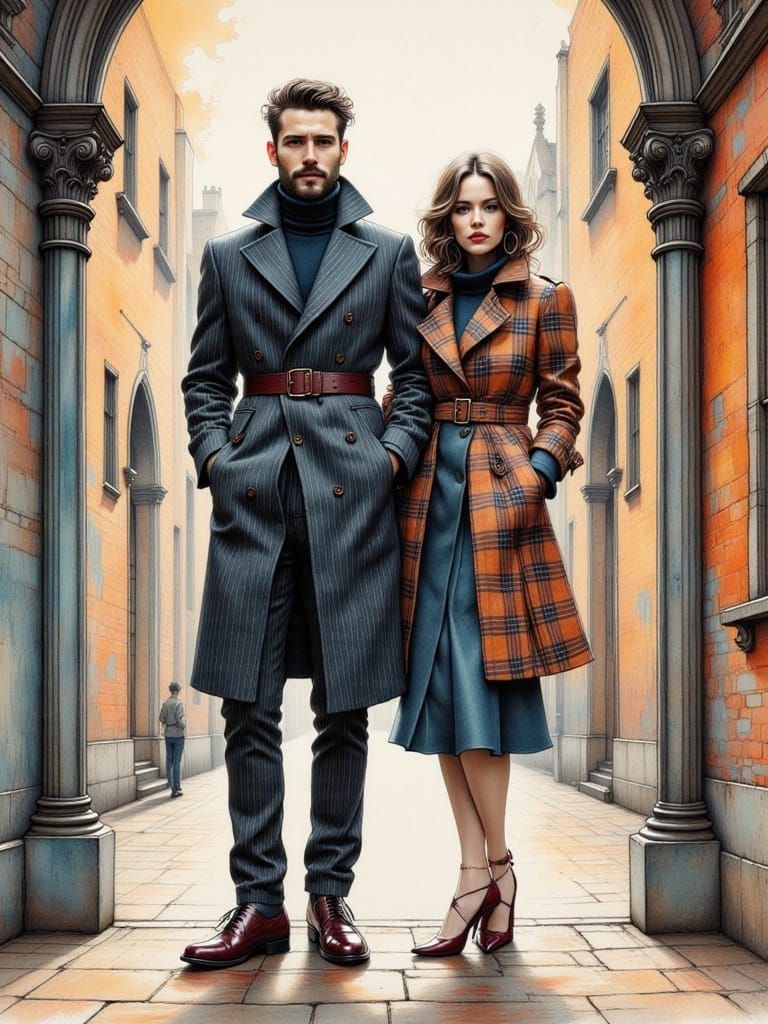 Stylish Couple in Gothic Cityscape Oil Painting