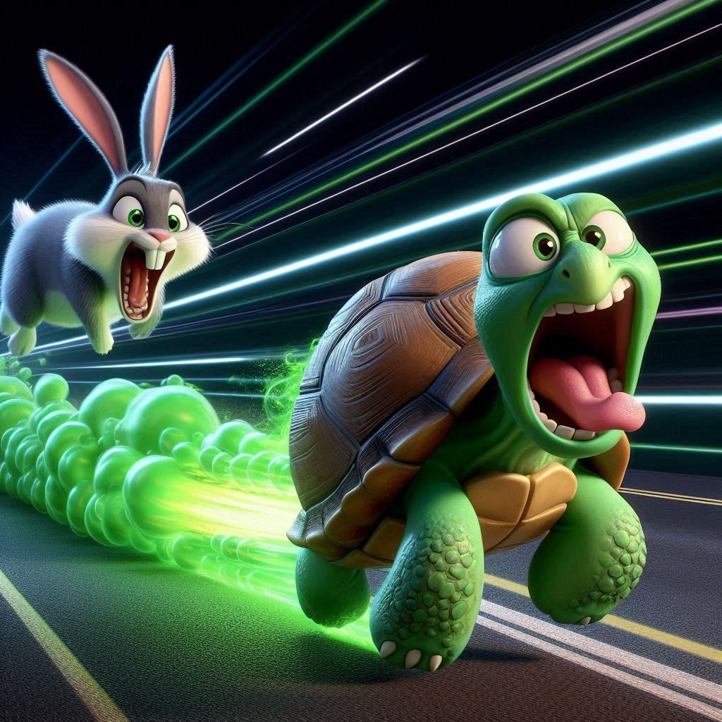 A farting turtle accelerating with high speed and win the ra...