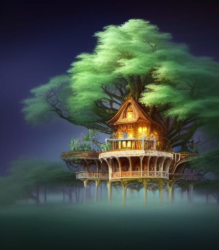 beautifully detailed, magical entangled, tree with a house on top ...