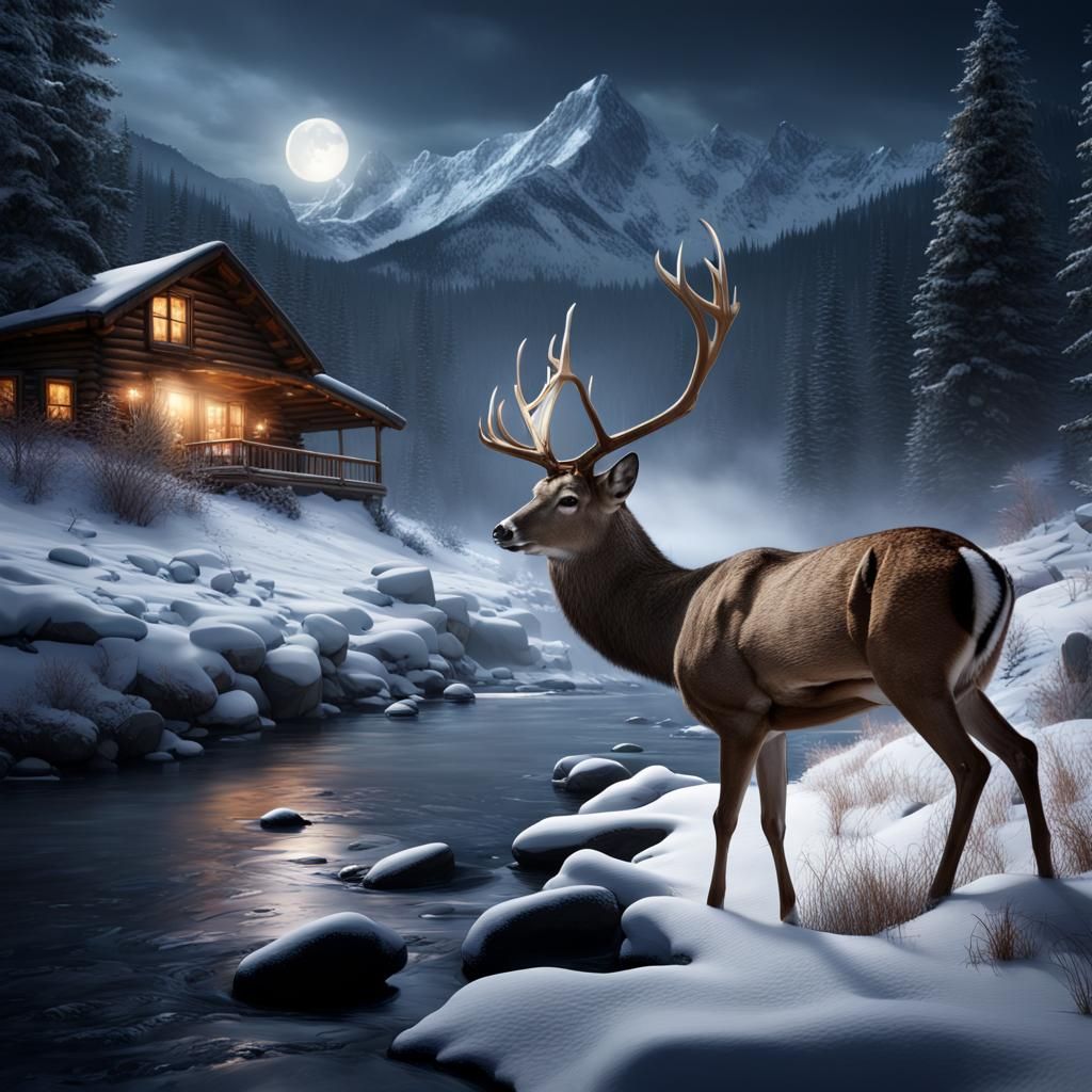 A large buck deer drinks from a mountain stream on a snowy moonlit