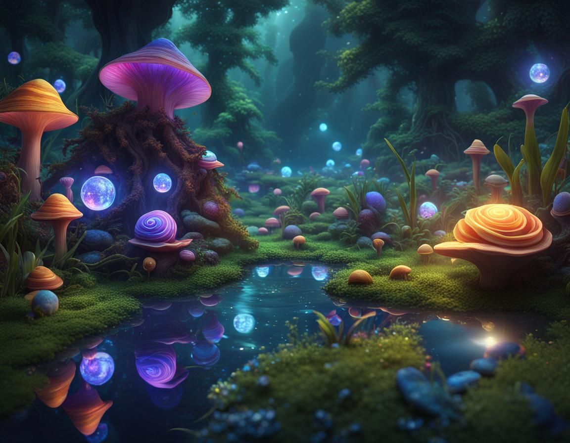 a serene ecosystem filled with miniature iridescent snails, ...