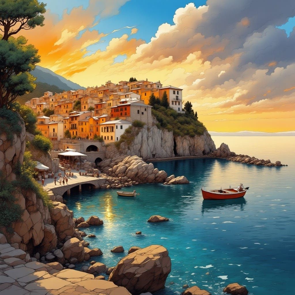 Italian fishing village, sunset, ocean background <lora:Flux-Inked:1.0> 