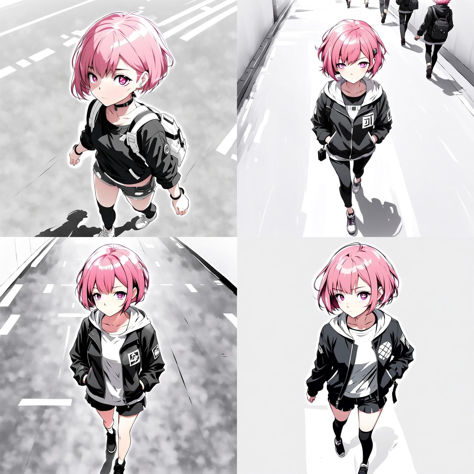 woman walking, short pink hair, black and white style, no ot...