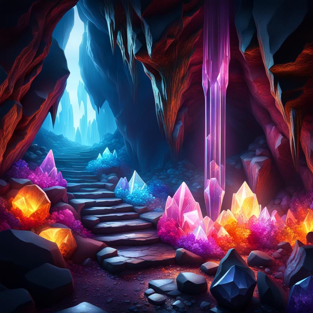 illustration of a dark underground cavern rich in huge colorful crystal ...