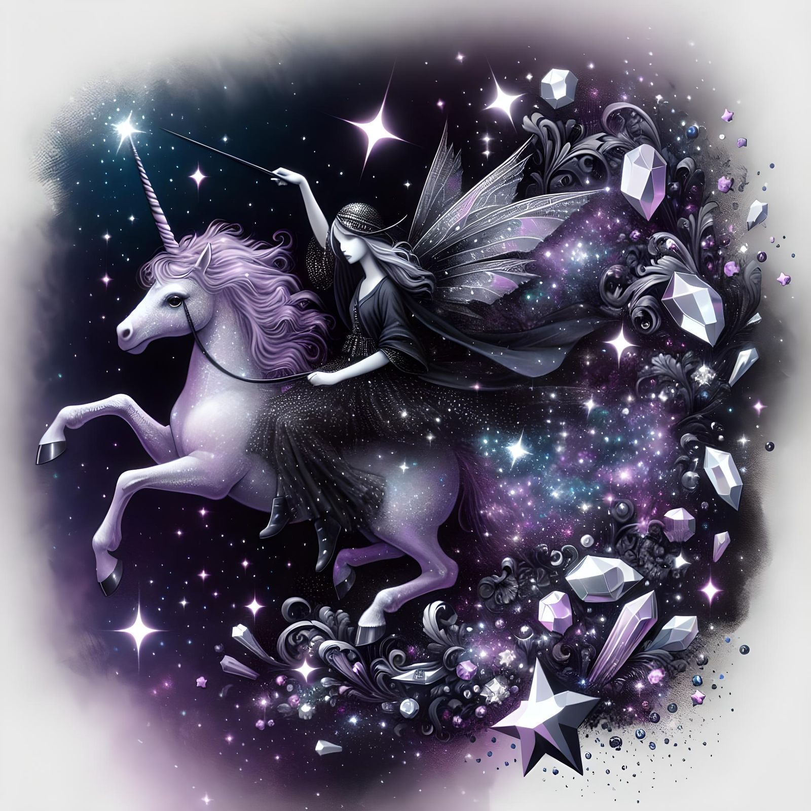 A pretty grunge fae is riding a purple unicorn in the starry...