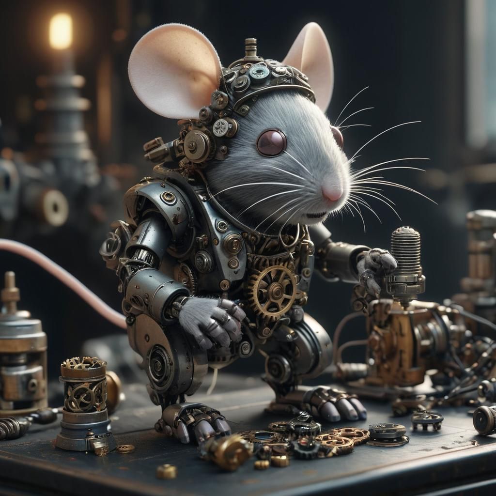 A mouse piloting a mecha made out of thimbles, gears, string...