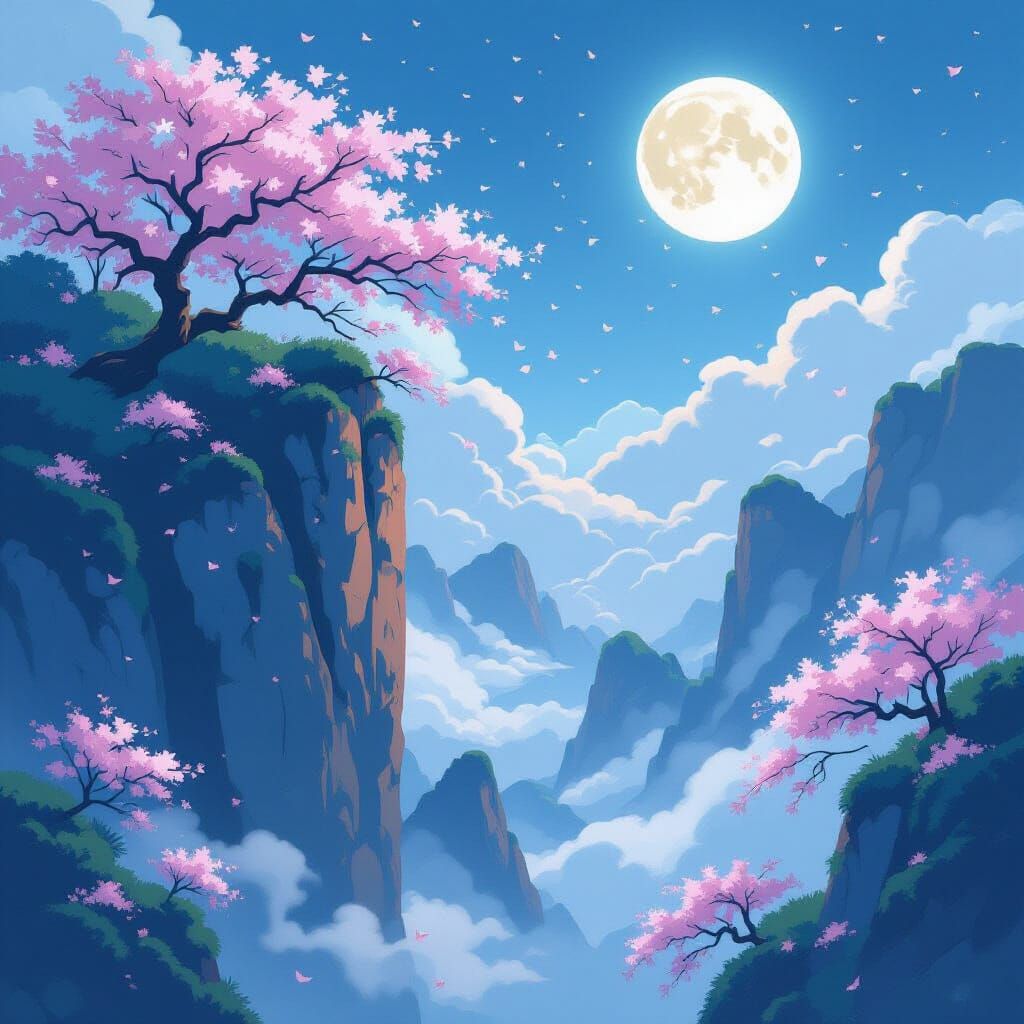There are two cliffs one is higher have a cherry blossoms the leaves are falling going beautiful scene the full beautiful moon is on the sky...