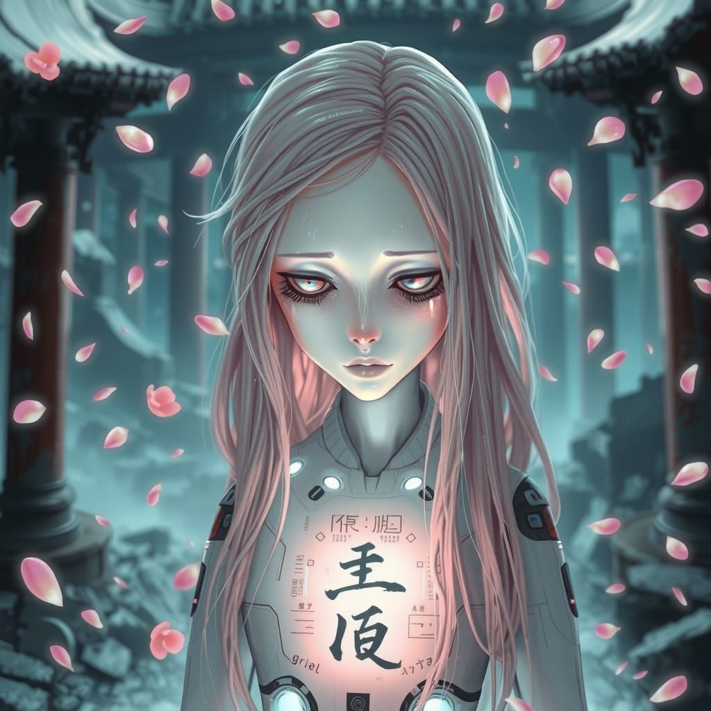 Sorrowful Android in Temple Ruins: Hyper-Realistic Digital A...