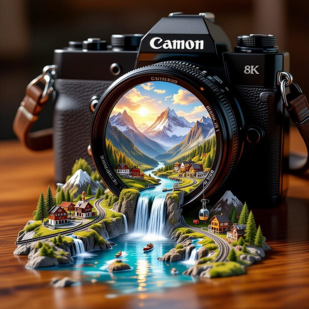 Miniature World Inside Camera on Table