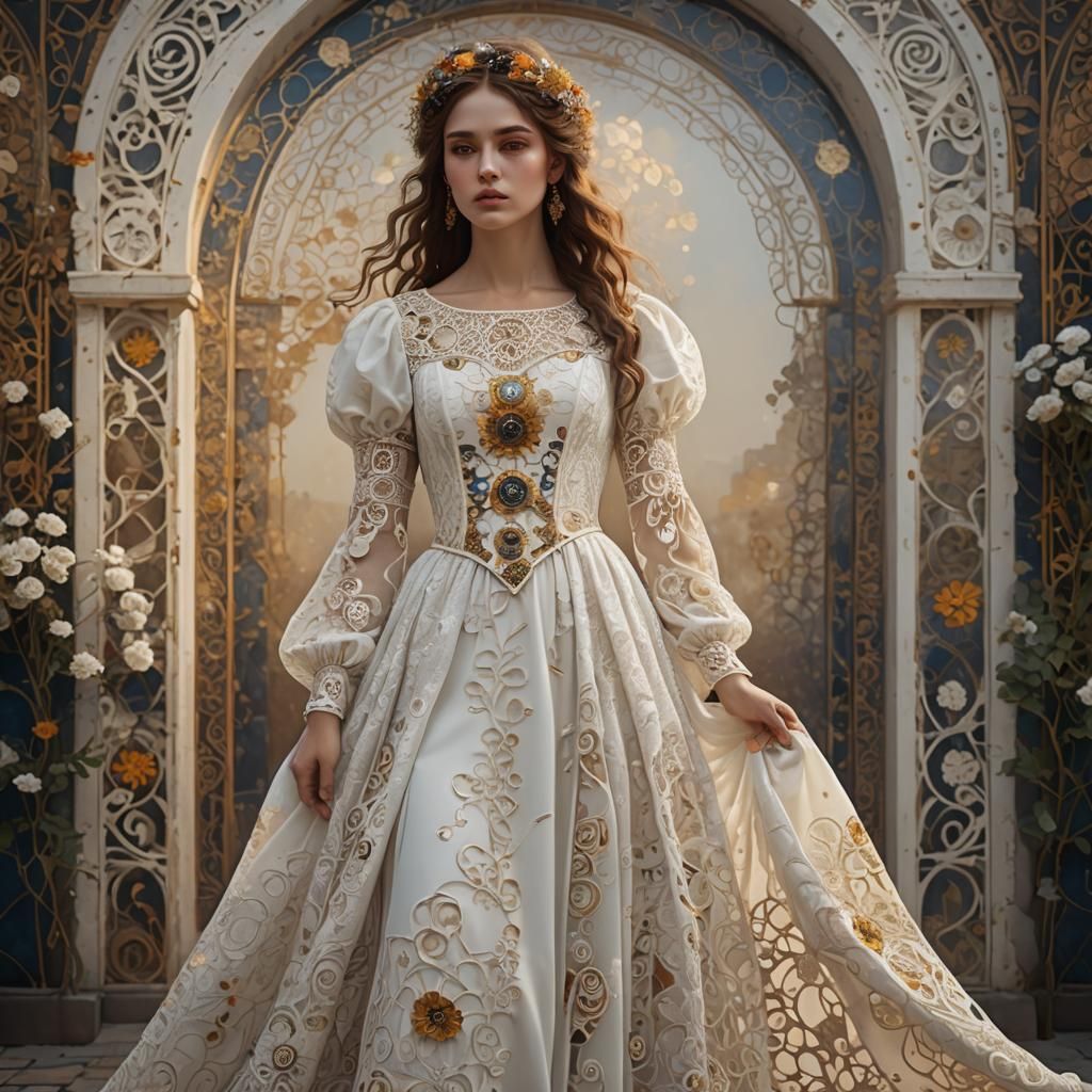 A young girl wears a long white dress decorated with lace an...