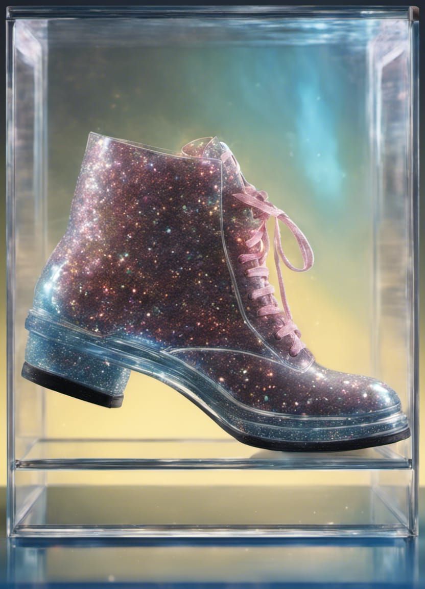 A glitter shoes in a glass box