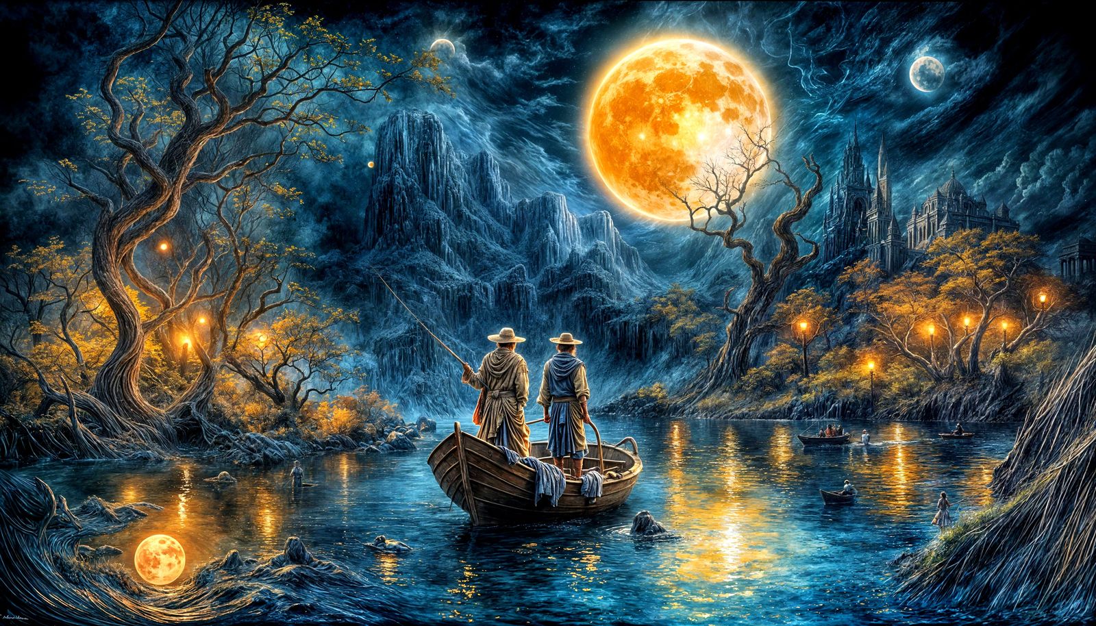 Golden Moon Eclipse Over Abyss Lake with Fishermen