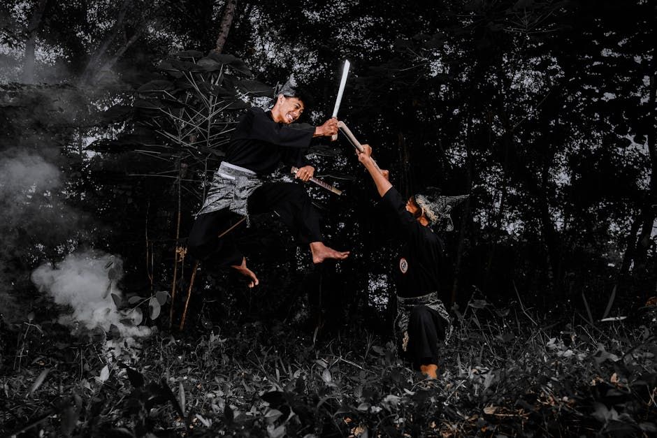 A noble elve in silver Armour with spear and shield Fights a Vampire in Red and black Armour with a two handed sword. The Sky above the elve...