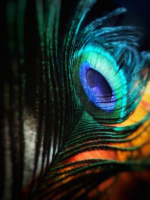 Surrealism. Medium shot. One peacock with angelic wings spreads them, standing on a tree branch. Low-angle shot. Vibrant oil painting with t...