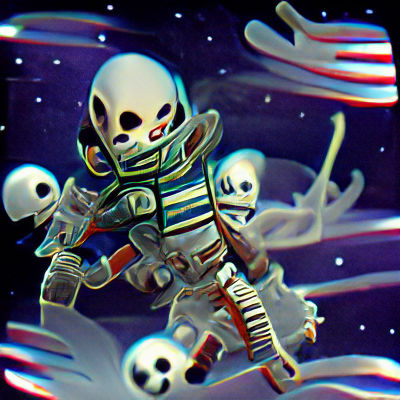 Scary skeleton astronaut in space storybook illustration