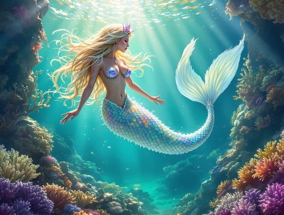 A majestic mermaid with iridescent scales and flowing bioluminescent hair, posing gracefully in a coral reef. Detailed, vibrant, fantasy art, digital painting.