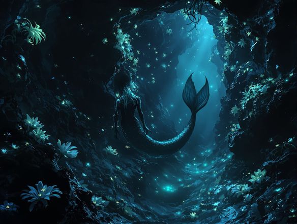A mysterious mermaid with a dark, shimmering tail, emerging from a deep-sea trench illuminated by bioluminescent flora. Dark fantasy, atmospheric, digital art.