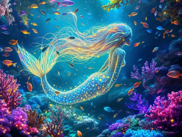An ethereal AI mermaid with shimmering scales and flowing bioluminescent hair, surrounded by glowing coral and schools of exotic fish in a vibrant underwater fantasy landscape.