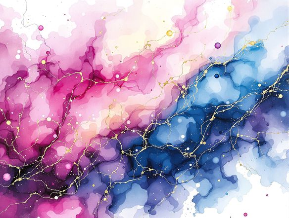An abstract ink painting AI creation, dominated by flowing veins of magenta and cyan on a white background, with delicate gold leaf accents. Evokes a sense of cosmic nebulae. Detailed cell patterns.