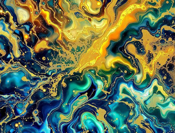 A mesmerizing AI alcohol ink art piece featuring swirling blends of sapphire blue, emerald green, and gold. Dynamic and fluid, showcasing intricate cell formation. High resolution, abstract.
