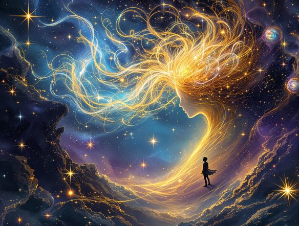 A mystical oracle card depicting a celestial being guiding a seeker through a cosmic landscape, vibrant colors, intricate details, digital art.