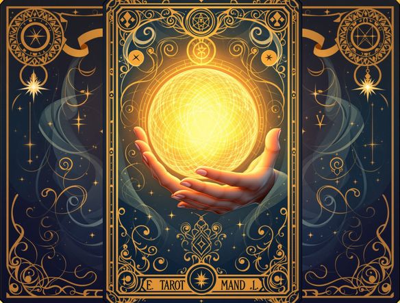 A stylized tarot card showing a hand holding a glowing crystal ball, surrounded by swirling energy and ancient symbols, art nouveau style.