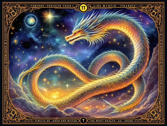 An ornate tarot card featuring a celestial dragon, glowing runes, and a mystical landscape, rendered in a vibrant, dreamlike style.