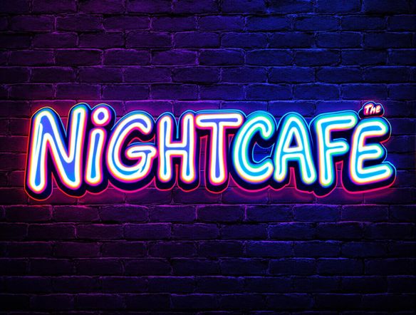 Graffiti-style bubble letters spelling out 'NIGHTCAFE' in vibrant, neon colors against a brick wall backdrop.