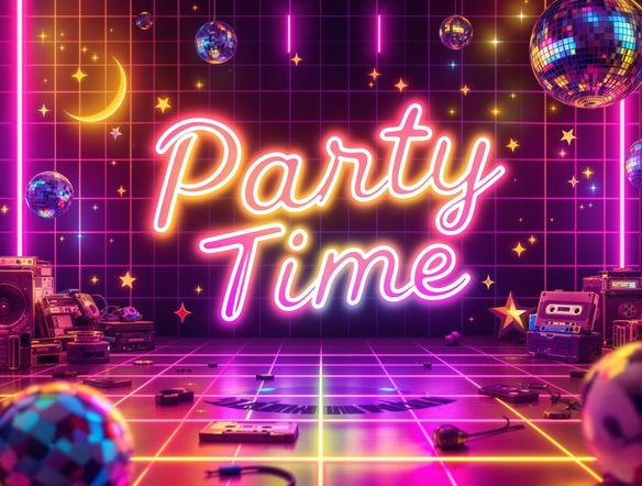 Create an image of playful bubble letters spelling 'Party Time' in vibrant neon colors, set against a retro 80s background. Include a storyboard ai generator interface subtly in the background, showcasing its seamless integration.