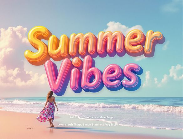 Design a dynamic image featuring bubble text that reads 'Summer Vibes' floating above a sunny beach scene. The text should be colorful and have a 3D effect. The background should subtly showcase the capabilities of the ai storyboard generator free.