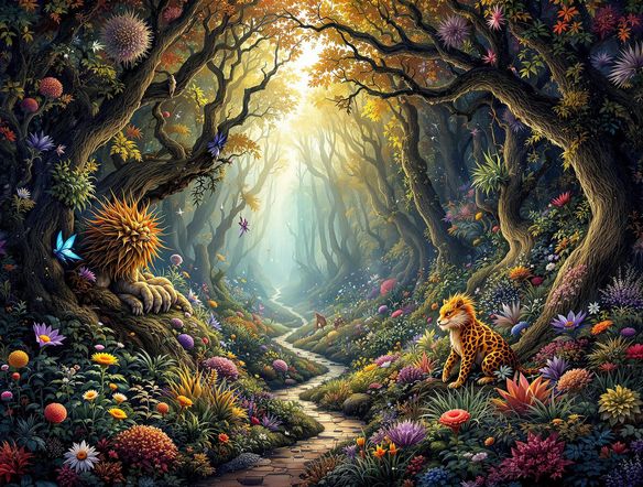 Intricate tapestry art depicting a mythical forest scene with vibrant threads and a sense of depth, digital art.