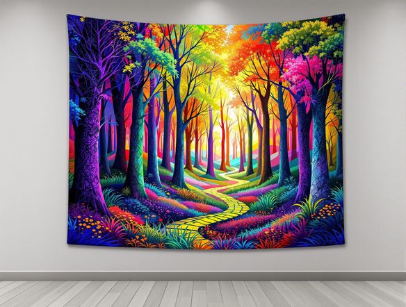 A vibrant, modern digital tapestry showcasing a geometric forest landscape, intricate woven textures, rich color palette, displayed on a minimalist wall, AI art.