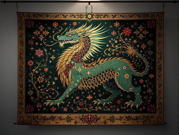 An ornate medieval-style digital tapestry depicting a mythical beast, intricate antique weaving patterns, deep jewel tones, subtle aged texture, dramatic lighting, AI generated.