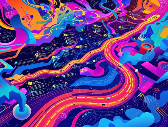 A vibrant, futuristic roadmap visualization generated by AI, showcasing key milestones and strategic paths. Incorporate elements of data visualization and abstract art. High resolution, digital painting.