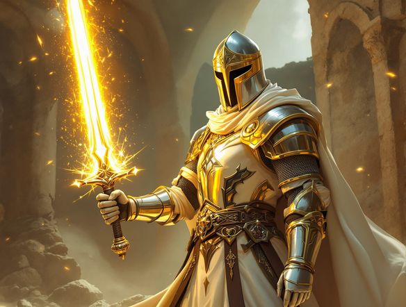 A stoic Templar knight in white and gold armor, holding a glowing sword, against a backdrop of ancient ruins. Templar knight generator, cinematic lighting, atmospheric dust particles.