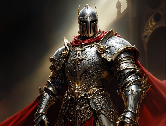 A highly detailed medieval knight in ornate silver armor, standing heroically. Intricate filigree on the breastplate, a flowing red cape. Fantasy paladin art maker style, epic lighting, sharp focus.