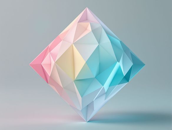 A complex geometric paper sculpture resembling a stylized diamond, composed of sharp, clean folds in pastel gradient colors. Studio lighting, sharp focus.