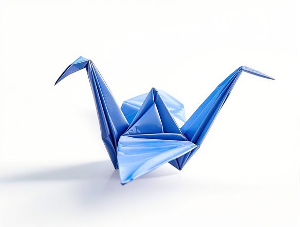 An intricate origami crane with detailed folds, rendered in vibrant blue paper, set against a minimalist white background. 3D render, high detail.
