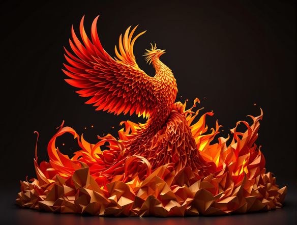 Intricate folded paper art sculpture of a phoenix rising from ashes, vibrant colors, dramatic lighting, high detail, studio shot.