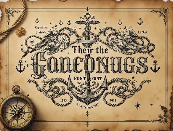 An intricate nautical font design featuring ropes, anchors, and waves, set against a weathered parchment background with a vintage compass.