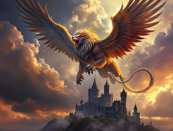 A fearsome griffin with a lion's body and eagle's head, soaring through a stormy sky above a medieval castle, dynamic pose, cinematic, digital painting.