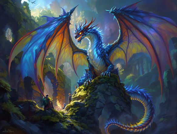 A majestic, bioluminescent dragon with feathered wings, perched on a moss-covered ancient ruin, glowing eyes, fantasy art style, highly detailed, epic lighting.