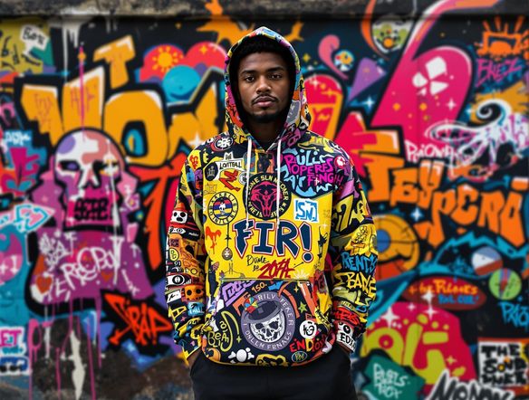 A person wearing a custom-designed hoodie standing in front of a vibrant, urban graffiti wall, showcasing the hoodie's unique design.