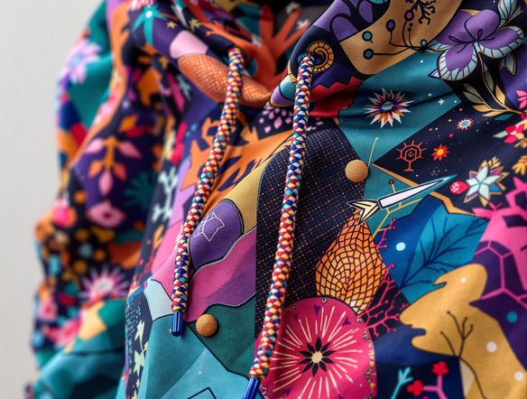 Close-up shot of a custom-designed hoodie, showcasing intricate details and high-quality textures. The design features a blend of geometric patterns and nature-inspired elements, creating a harmonious and eye-catching aesthetic.