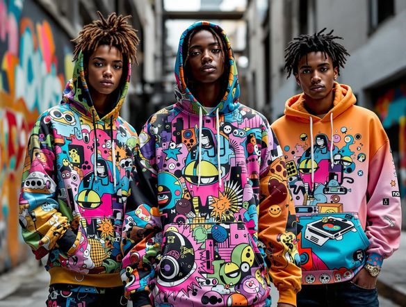 A stylish hoodie design showcased in an Instagram carousel, featuring vibrant colors, bold graphics, and a diverse range of models. Capture the essence of urban streetwear with a touch of futuristic flair.
